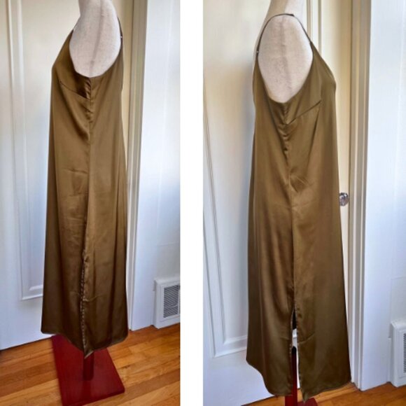 THE DROP Dark Olive Ana Silky V-Neck Midi Slip Dress Size L - Picture 4 of 11